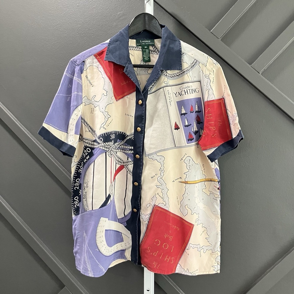 Lauren Ralph Lauren Shirt M Womens 100% Silk Nautical Yachting Map Novelty Print